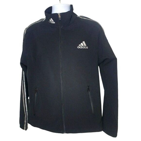 Adidas Mens Black Jacket Lg Iconic Metallic Stripes Logo Full Zip Soft Shell - Picture 1 of 6